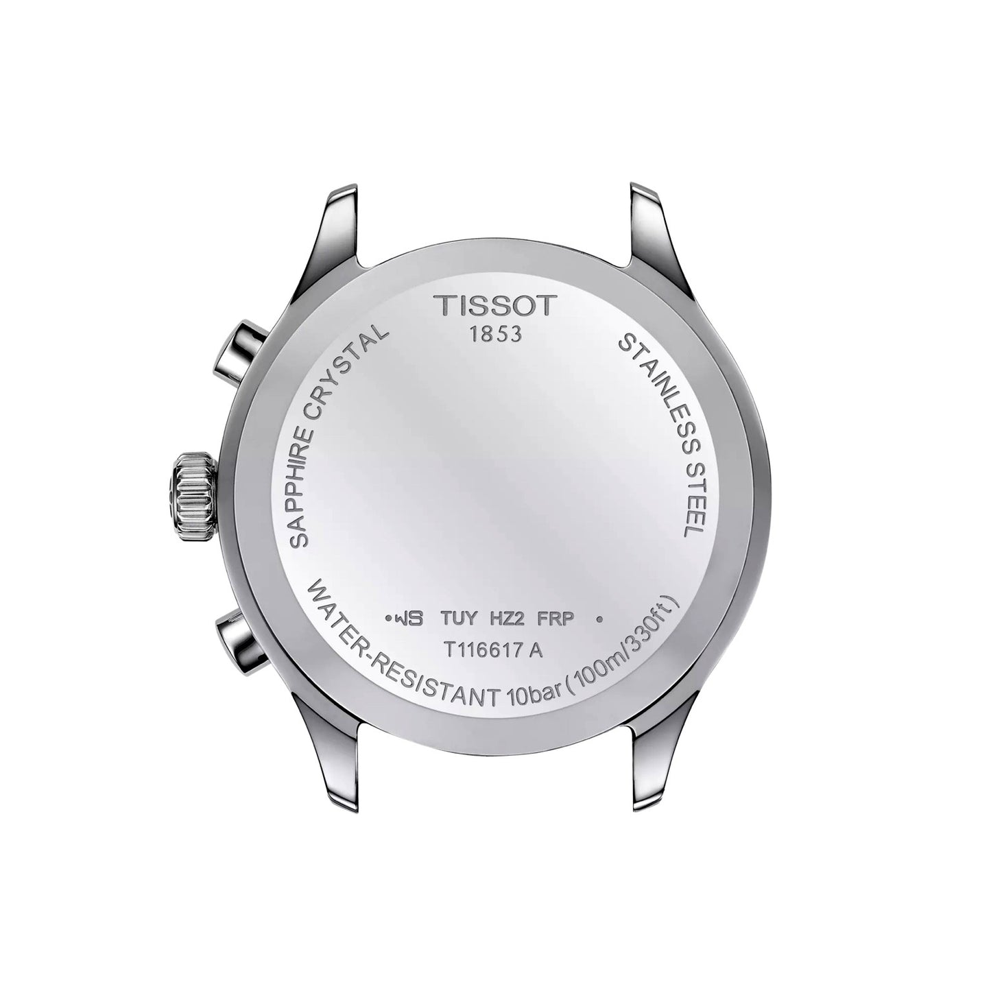 Tissot Chrono XL back view – stainless steel caseback with engraved Tissot branding – robust Swiss quartz chronograph watch by HEY WATCH.
