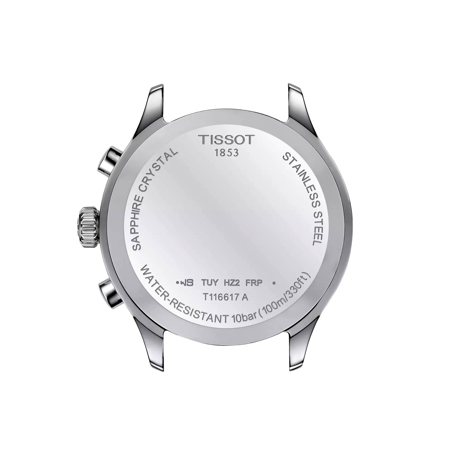 Tissot Chrono XL back view – stainless steel caseback with engraved Tissot branding – robust Swiss quartz chronograph watch by HEY WATCH.