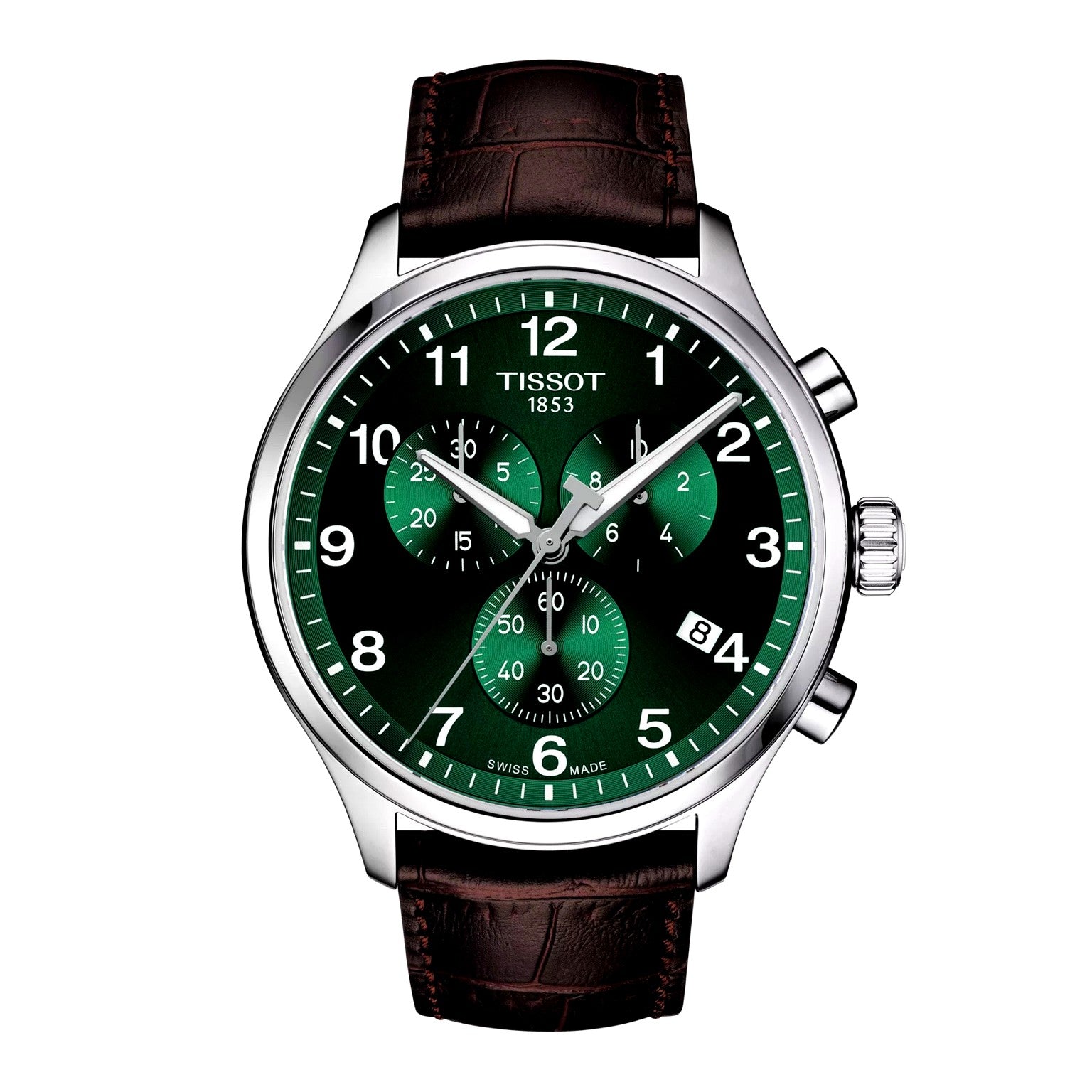 Tissot Chrono XL men's watch front view – green dial with bold numerals, chronograph layout, and brown leather strap – Swiss Made sports watch by HEY WATCH.