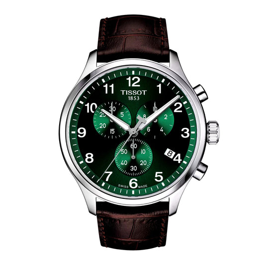 Tissot Chrono XL men's watch front view – green dial with bold numerals, chronograph layout, and brown leather strap – Swiss Made sports watch by HEY WATCH.