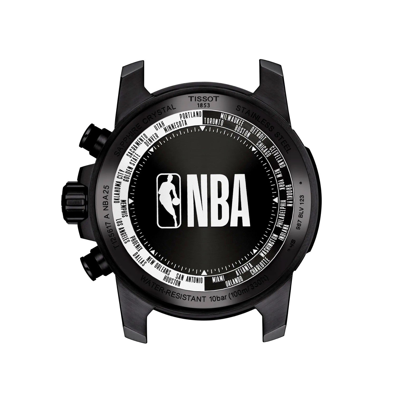Tissot Chrono XL NBA Special Edition back view – engraved stainless steel caseback with NBA logo – official Swiss-made men’s watch by HEY WATCH.