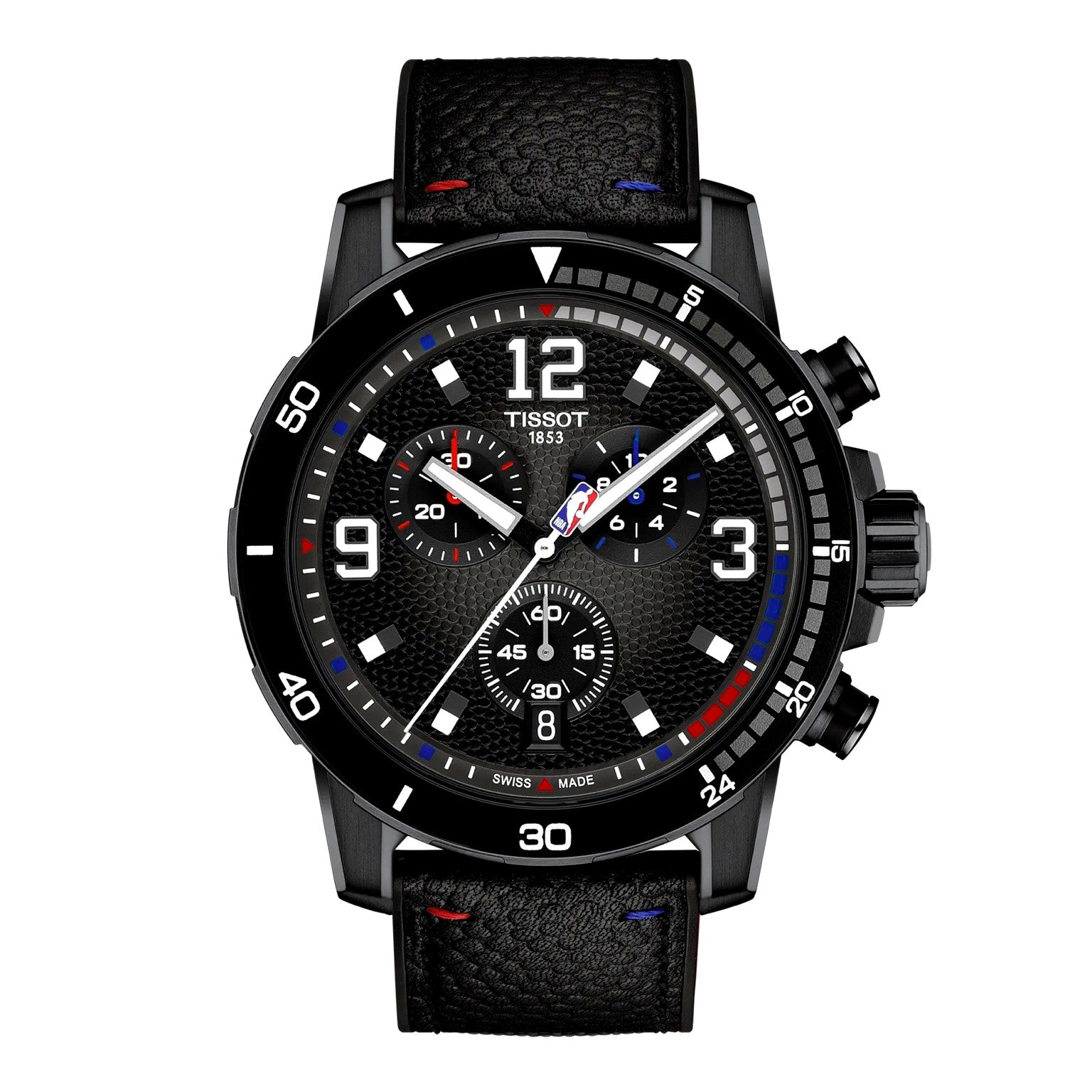 Tissot Chrono XL NBA Special Edition front view – men's Swiss chronograph watch with bold dial and NBA branding – sporty and stylish by HEY WATCH.