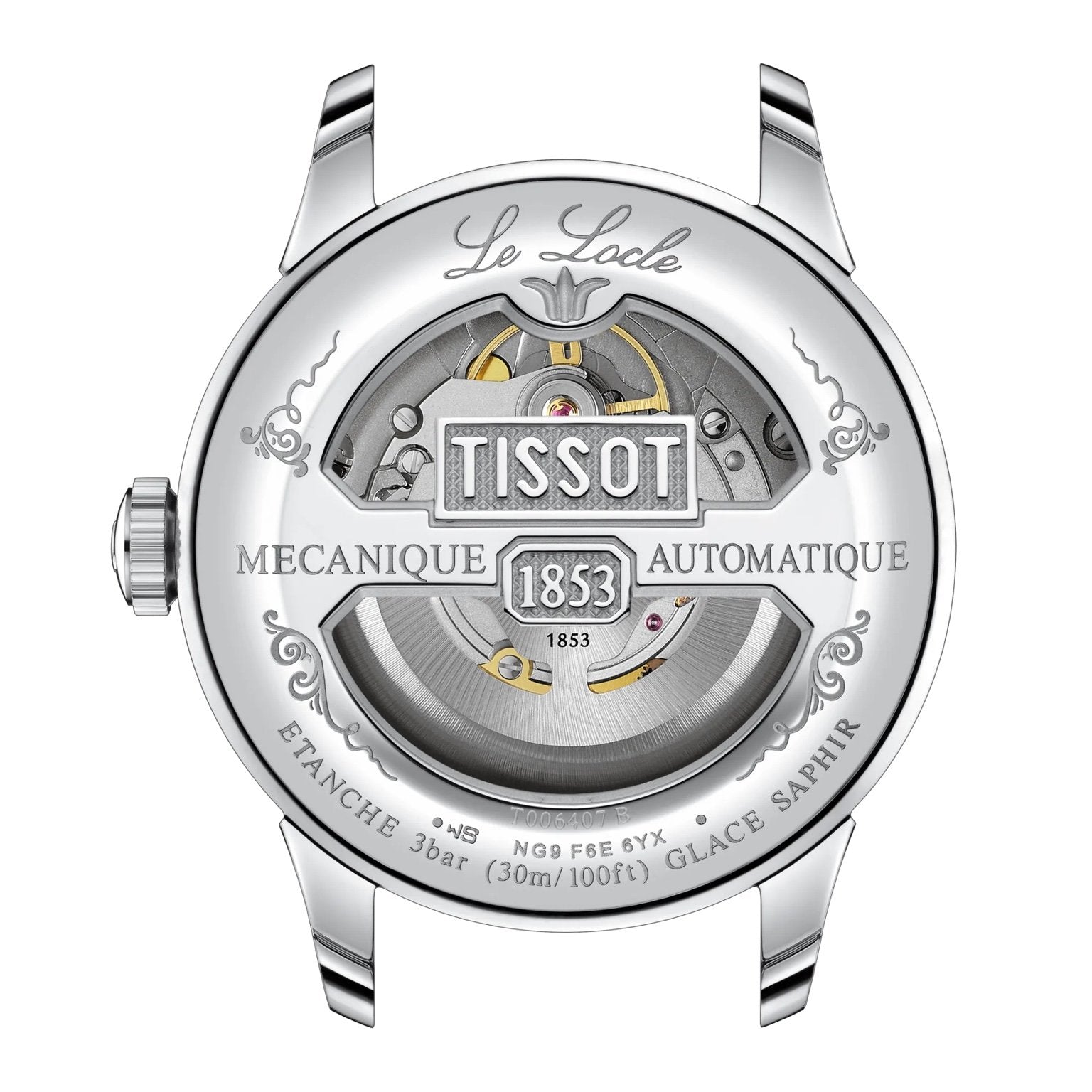 Tissot Le Locle Powermatic 80 back view – transparent caseback revealing Powermatic 80 automatic movement – Swiss precision timepiece by HEY WATCH.