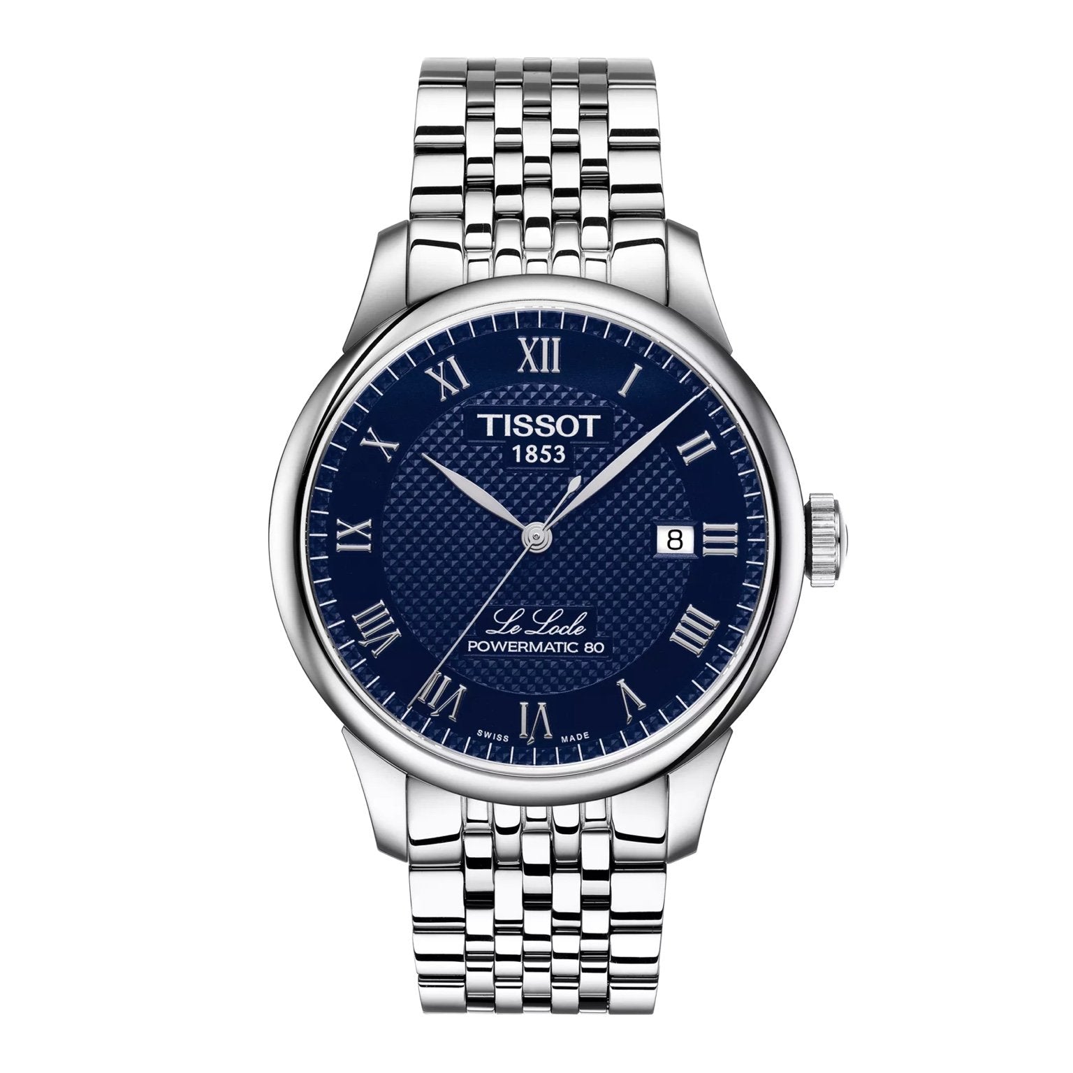 Tissot Le Locle Powermatic 80 front view – men's Swiss automatic watch with blue Roman dial and stainless steel bracelet – timeless elegance by HEY WATCH.
