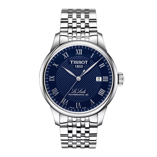 Tissot Le Locle Powermatic 80 front view – men's Swiss automatic watch with blue Roman dial and stainless steel bracelet – timeless elegance by HEY WATCH.
