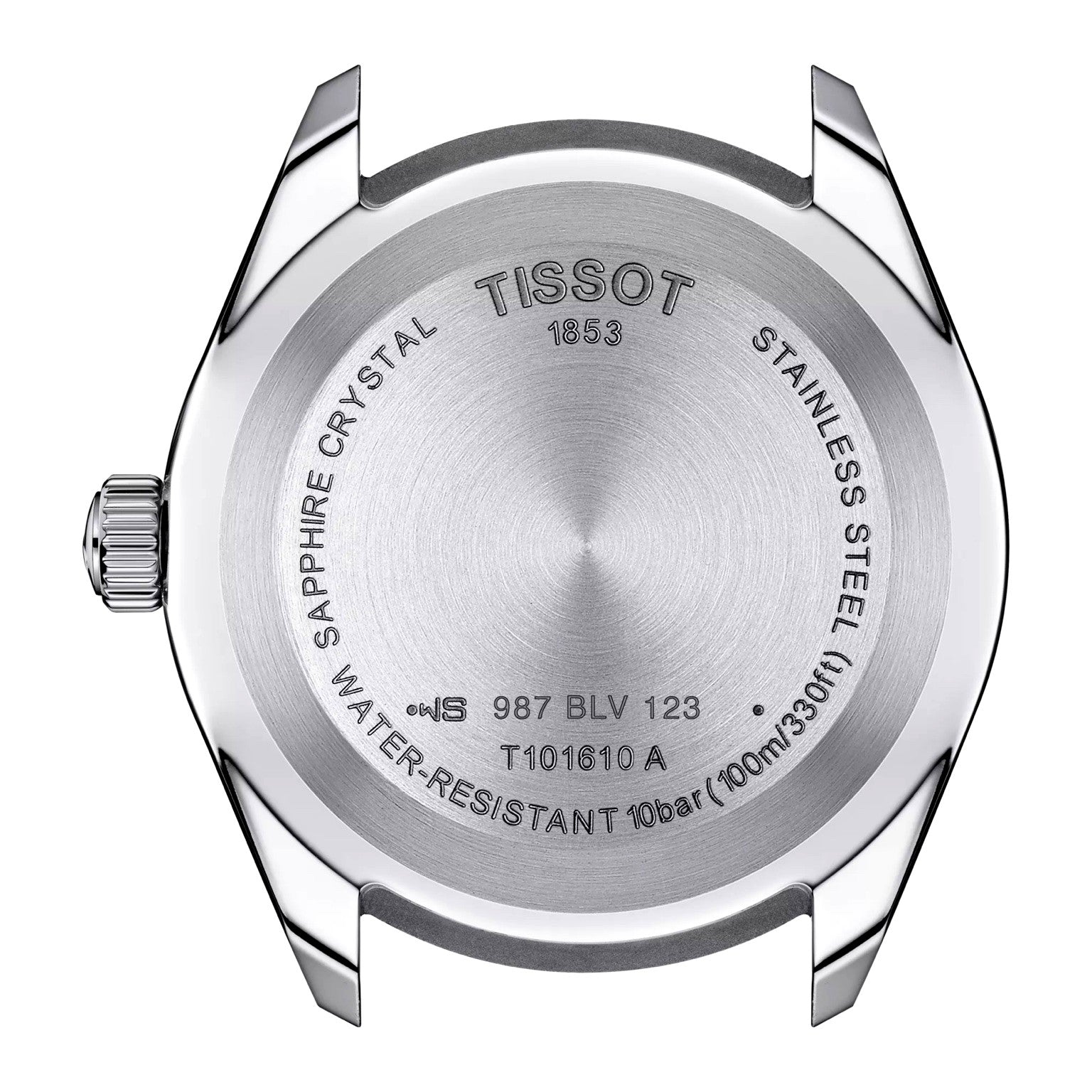 Tissot PR100 chronograph back view – solid stainless steel caseback with engraved details – durable and elegant Swiss men’s watch by HEY WATCH.