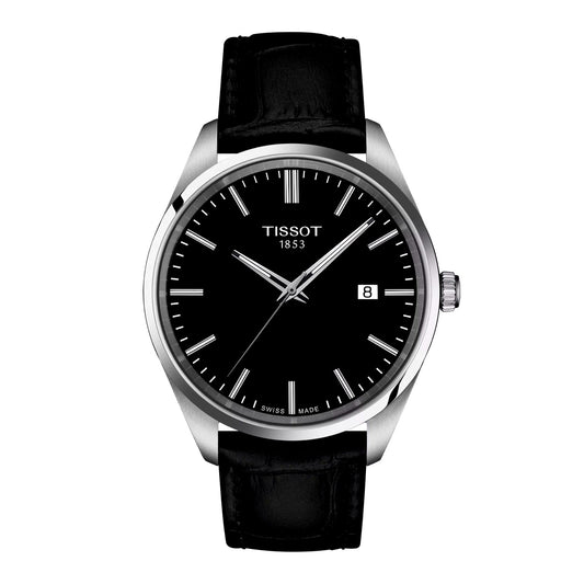 Tissot PR100 men's chronograph front view – Swiss Made stainless steel watch with black dial and silver-tone sub-dials – classic sporty style by HEY WATCH.