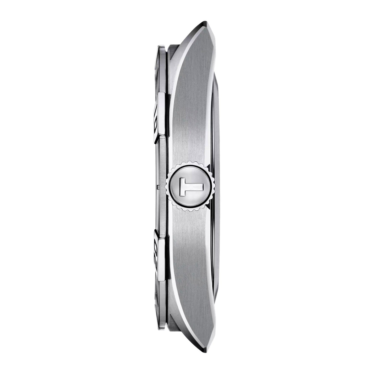 Tissot PR100 side view – slim stainless steel case profile with polished chronograph pushers – Swiss quartz men’s sports watch by HEY WATCH.