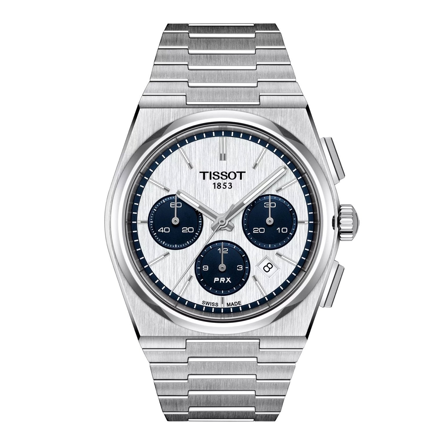 Tissot PRX Automatic Chronograph front view – silver dial with blue sub-dials and stainless steel case – Swiss luxury watch for men by HEY WATCH.