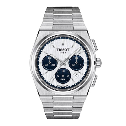 Tissot PRX Automatic Chronograph front view – silver dial with blue sub-dials and stainless steel case – Swiss luxury watch for men by HEY WATCH.