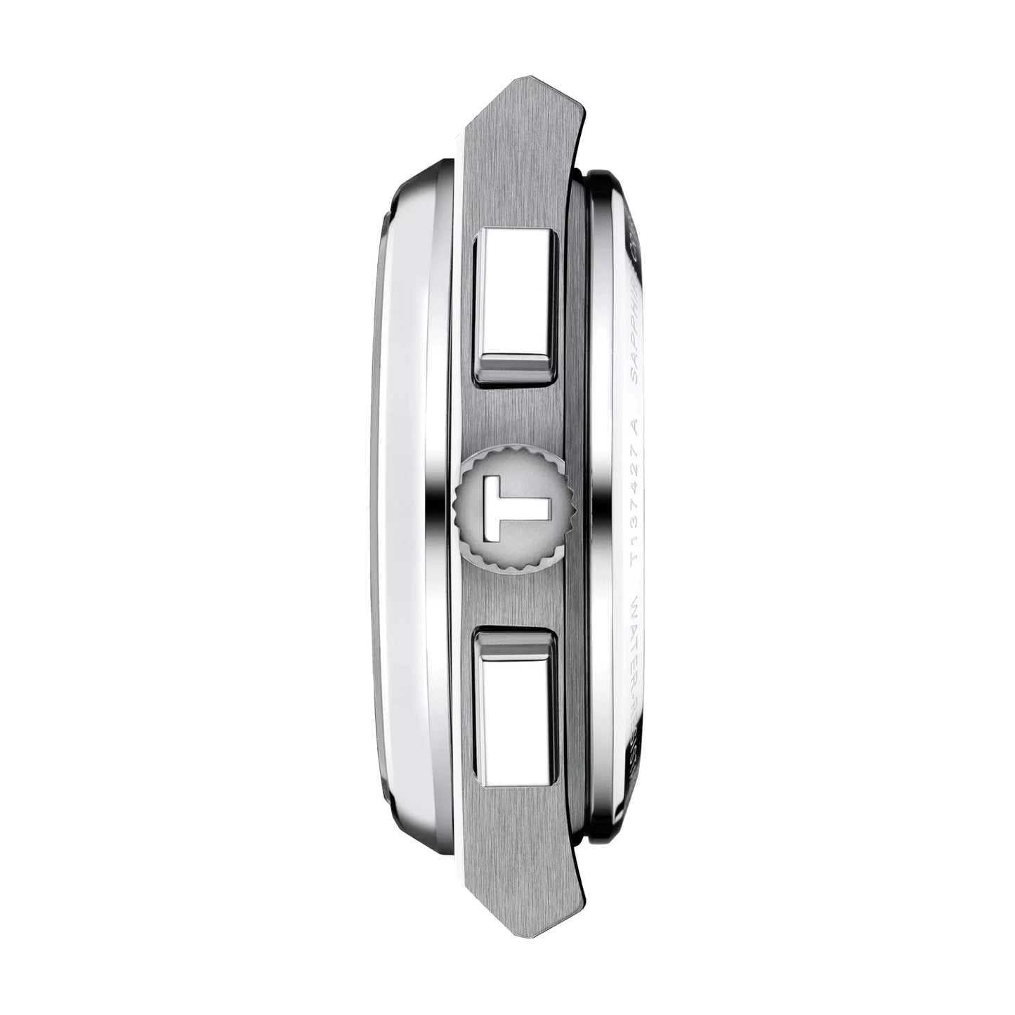 Tissot PRX Automatic Chronograph side view – brushed stainless steel profile and chronograph pushers – 42mm modern sports watch by HEY WATCH.