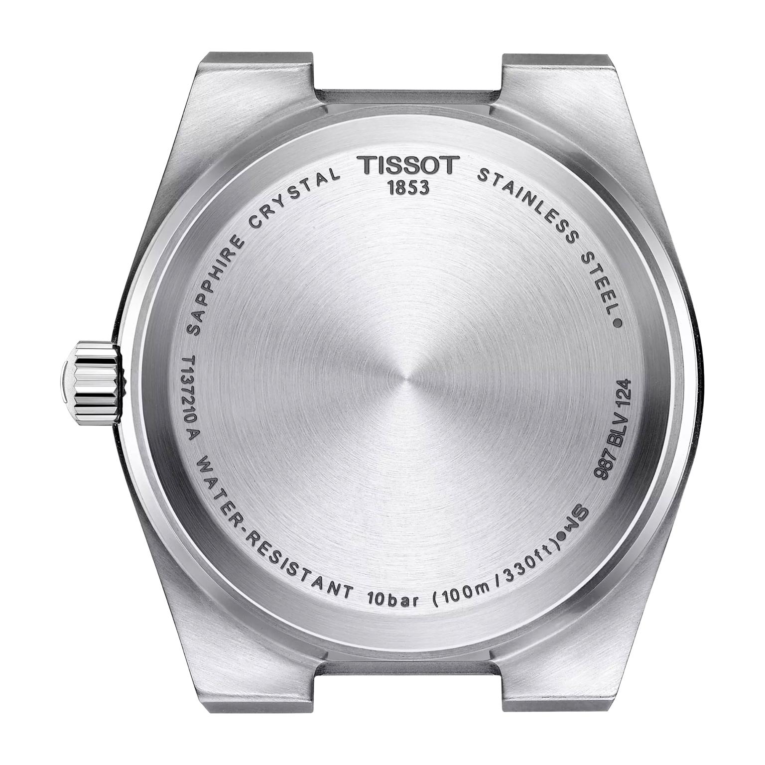 Tissot PRX Ice Blue Quartz back view – polished stainless steel caseback with engraved details – classic Swiss quartz watch – HEY WATCH.