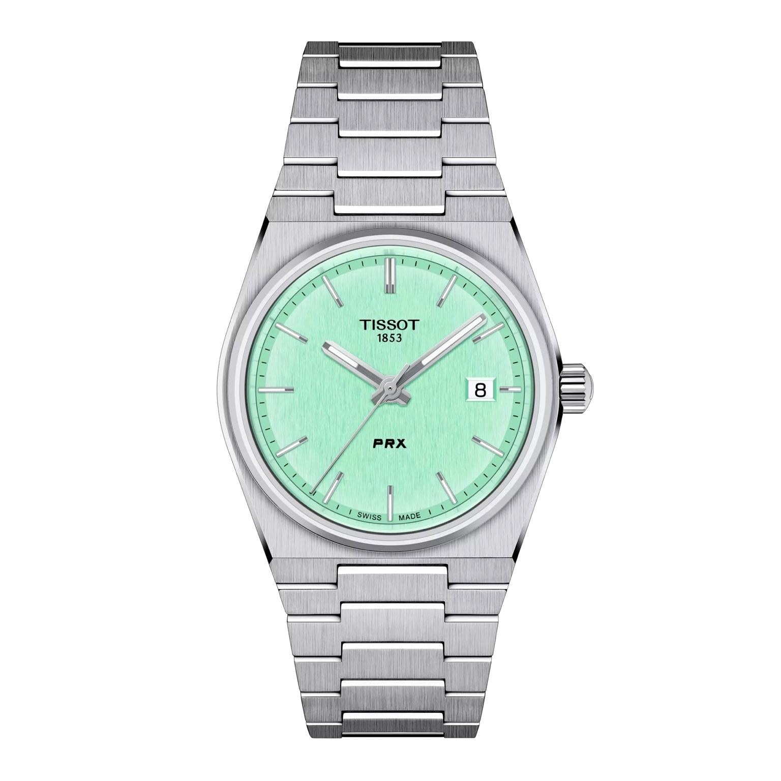 Tissot PRX Ice Blue Quartz 40mm front view – men’s Swiss watch with light blue dial and stainless steel case – classic retro design by HEY WATCH.