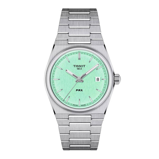 Tissot PRX Ice Blue Quartz 40mm front view – men’s Swiss watch with light blue dial and stainless steel case – classic retro design by HEY WATCH.