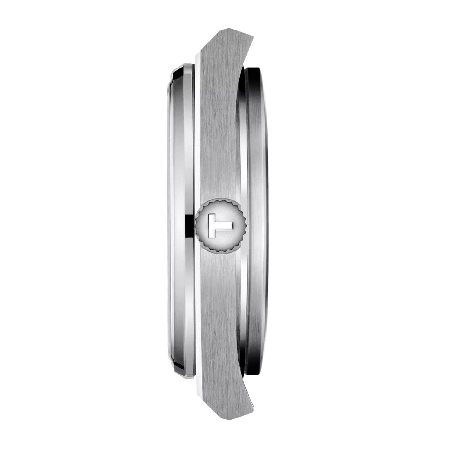 Tissot PRX Ice Blue Quartz side view – slim 40mm case with flat sapphire crystal and brushed steel profile – minimalist Swiss design by HEY WATCH.
