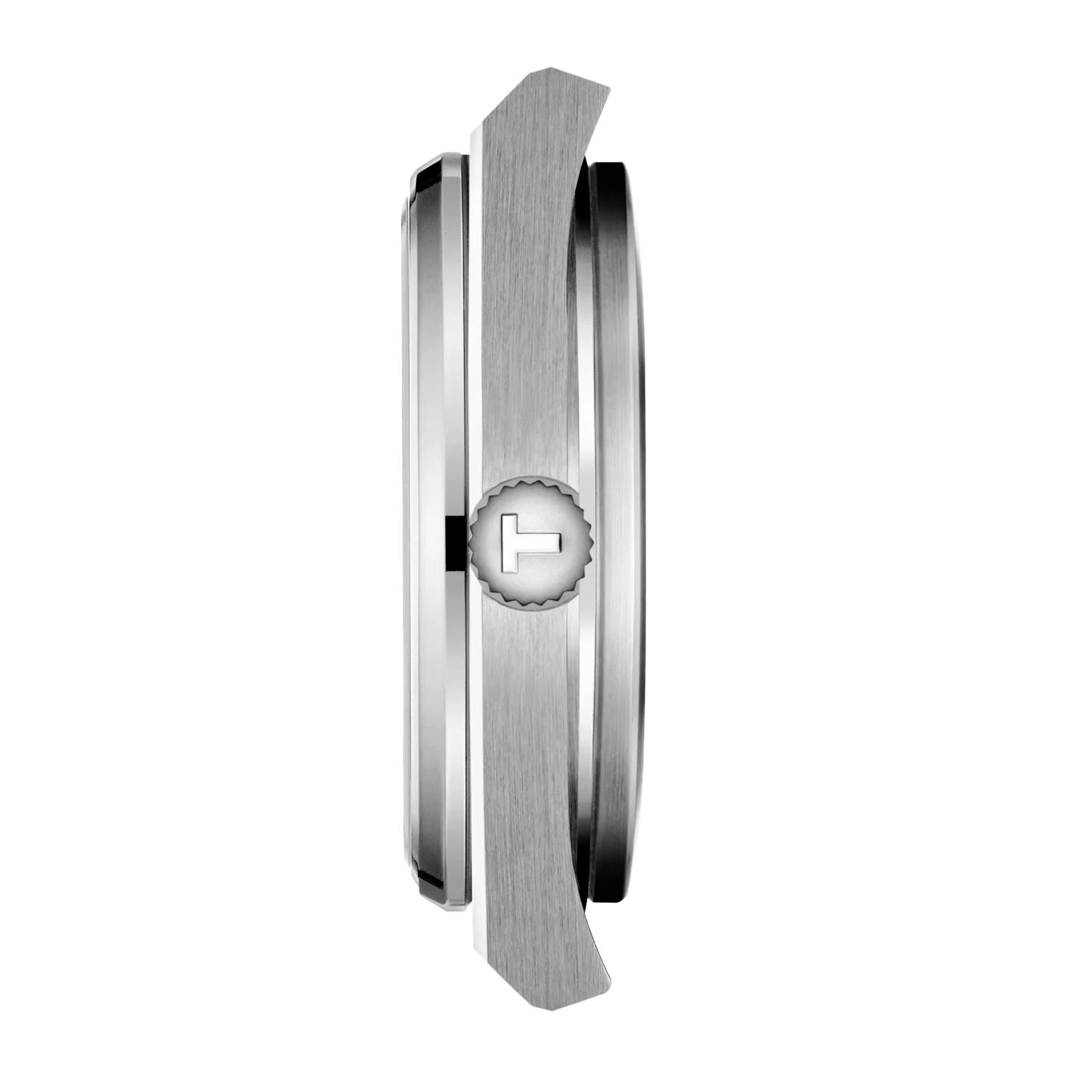 Tissot PRX Ice Blue Quartz side view – slim 40mm case with flat sapphire crystal and brushed steel profile – minimalist Swiss design by HEY WATCH.