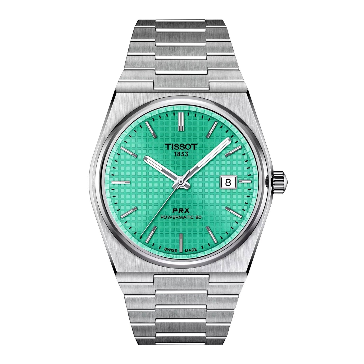 Tissot PRX Powermatic 80 front view – men's 40mm automatic watch with mint green waffle dial and stainless steel bracelet – Swiss luxury by HEY WATCH.