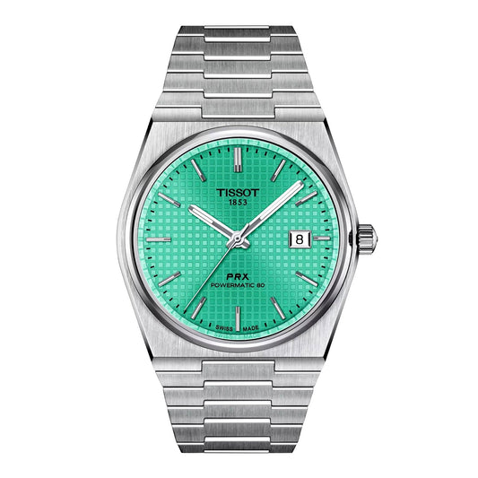 Tissot PRX Powermatic 80 front view – men's 40mm automatic watch with mint green waffle dial and stainless steel bracelet – Swiss luxury by HEY WATCH.