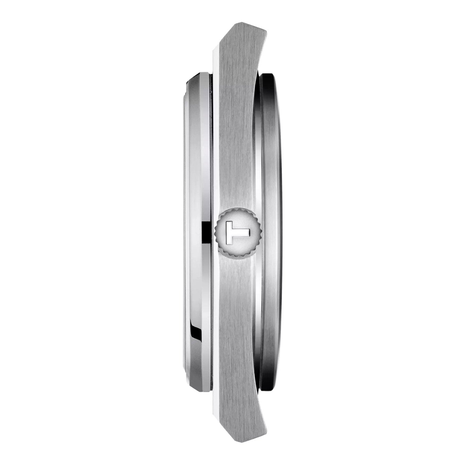 Tissot PRX Powermatic 80 side view – sleek stainless steel profile with brushed finish and mint green dial – modern Swiss timepiece by HEY WATCH.
