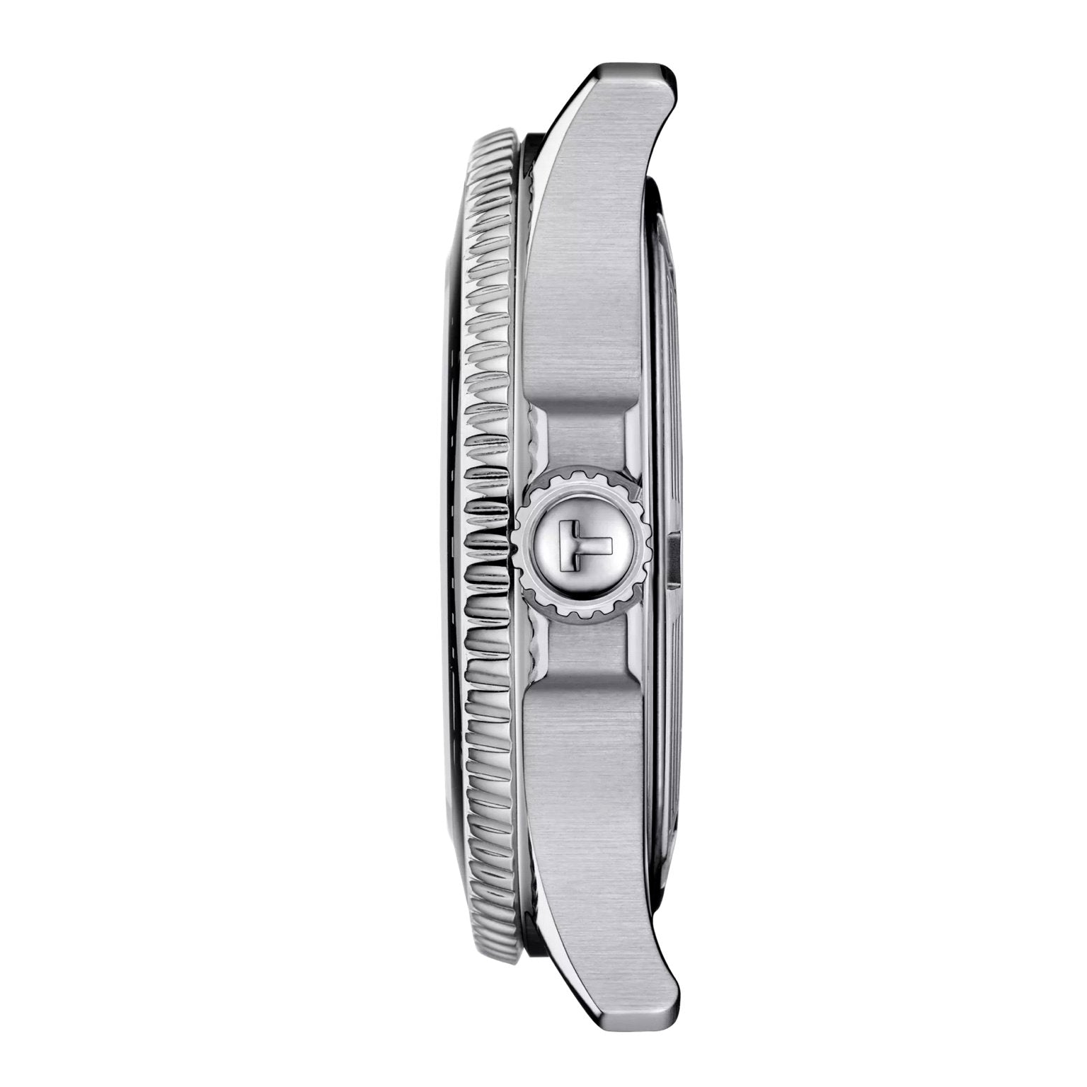 Tissot Seastar 1000 Automatic side view – rugged stainless steel case and crown guard – Swiss dive watch with professional-grade performance – HEY WATCH.