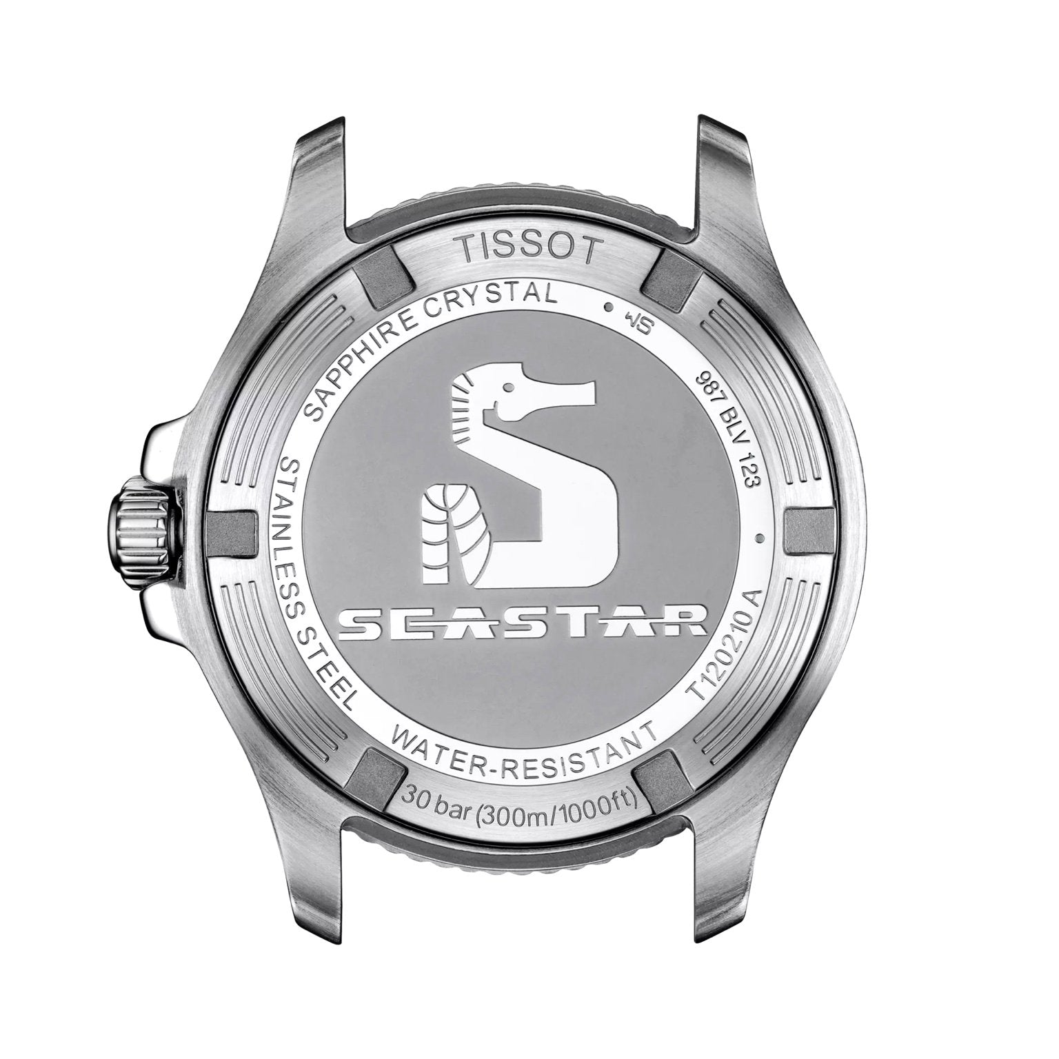 Tissot Seastar 1000 Automatic back view – engraved caseback with diving specs and Powermatic 80 automatic movement – robust timepiece by HEY WATCH.
