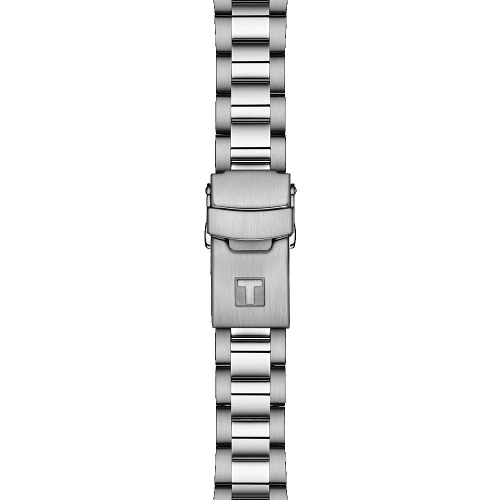 Tissot Seastar 1000 Automatic clasp view – solid stainless steel folding clasp with safety extension – secure closure for professional diving – HEY WATCH.