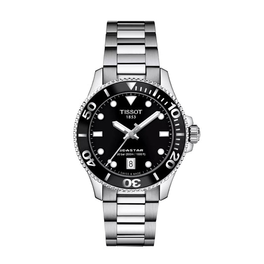 Tissot Seastar 1000 Automatic front view – men's Swiss diving watch with black dial, unidirectional bezel, and stainless steel bracelet – 300m water-resistant – HEY WATCH.