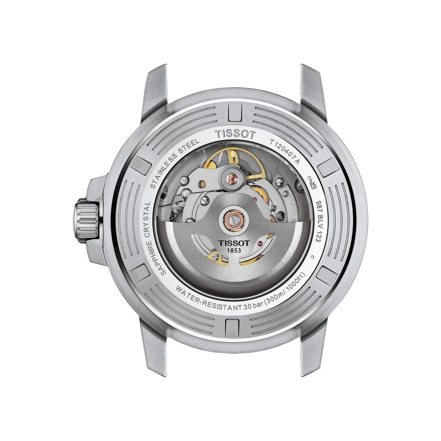 Tissot Seastar 1000 back view – engraved stainless steel screw-down caseback showing diving specifications – Swiss automatic watch by HEY WATCH.