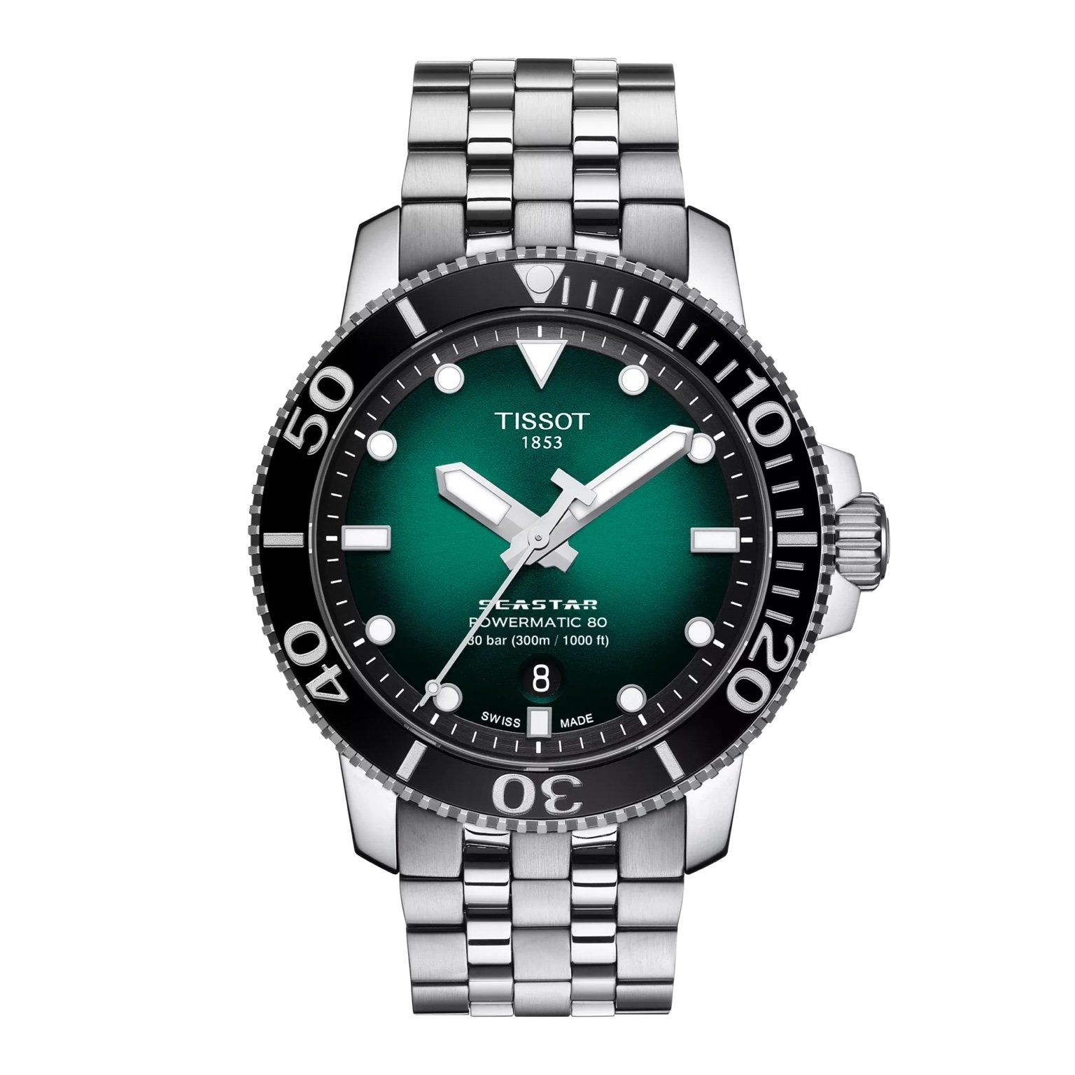 Tissot Seastar 1000 front view – men's diving watch with deep blue dial, stainless steel case and rotating bezel – professional diver’s timepiece by HEY WATCH.