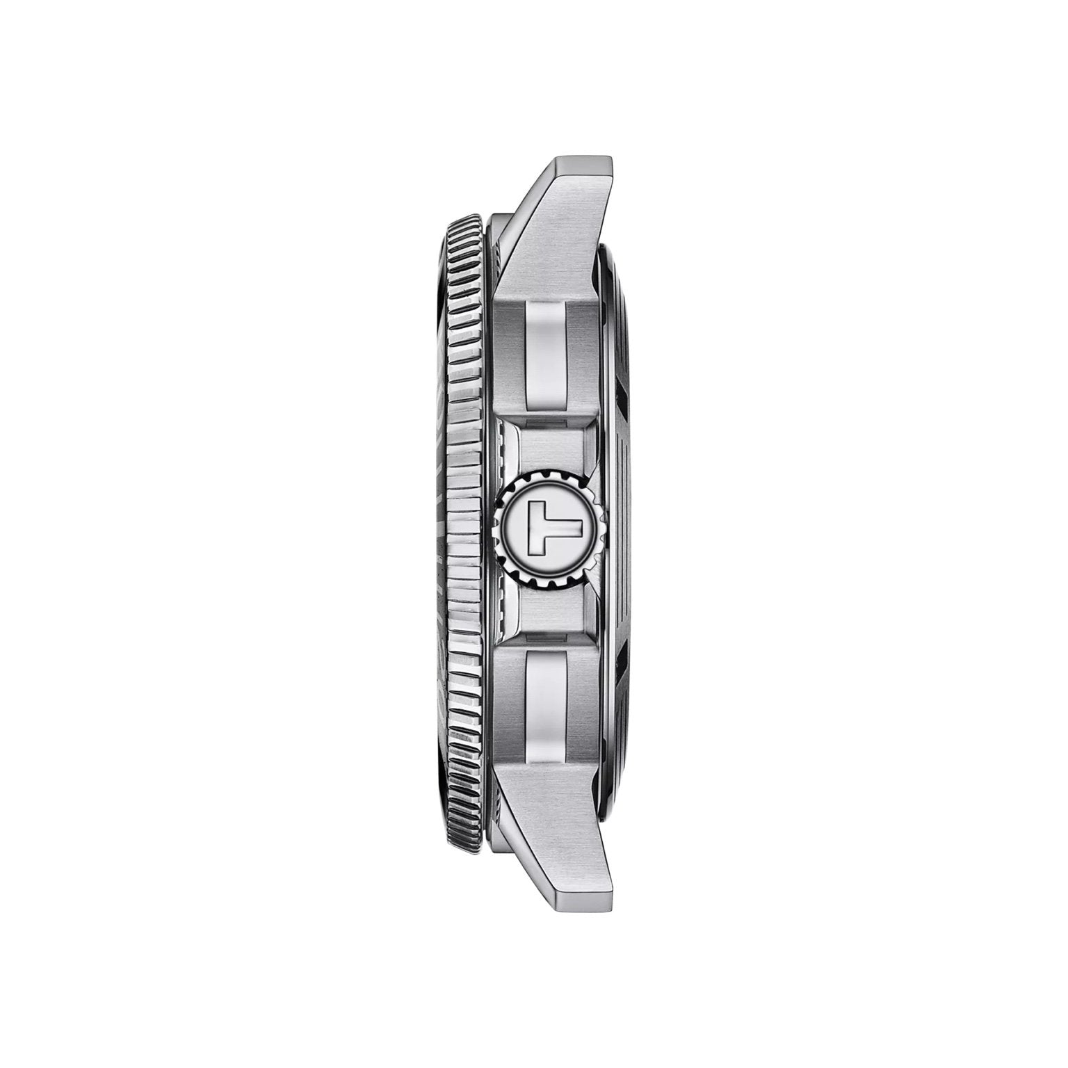 Tissot Seastar 1000 side view – robust stainless steel crown guards and unidirectional bezel profile – premium Swiss diving watch by HEY WATCH.