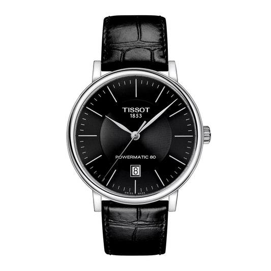 Tissot Tradition Powermatic 80 front view – men’s Swiss automatic watch with black dial and classic black leather strap – timeless elegance by HEY WATCH.
