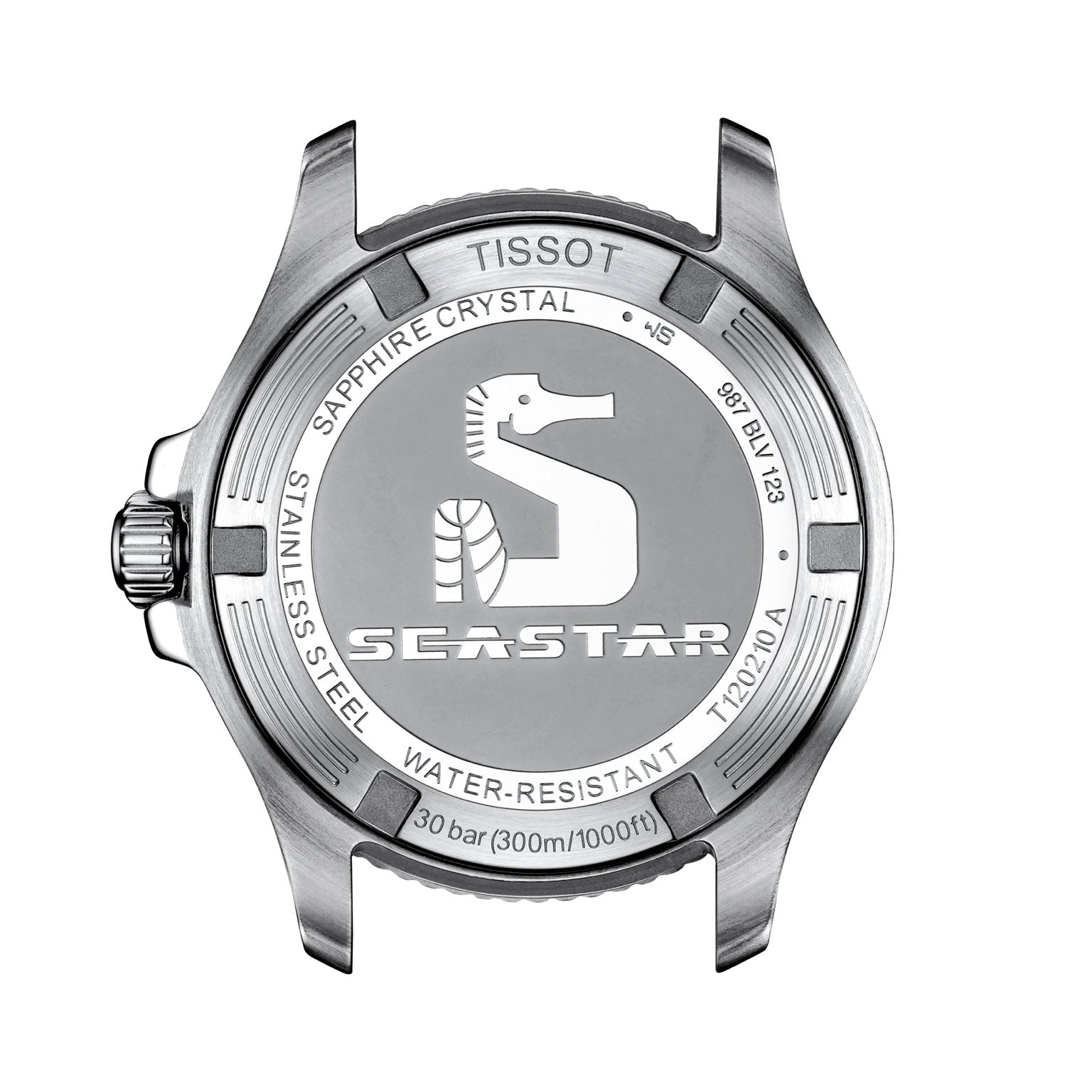 Tissot Seastar 36mm women’s dive watch back view – engraved stainless steel caseback with diving specifications – Swiss Made elegance by HEY WATCH.