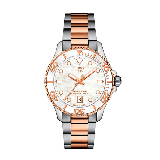 Tissot Seastar 36mm women’s dive watch front view – rose gold and stainless steel case with white mother-of-pearl dial and 300m water resistance – elegant Swiss diving watch by HEY WATCH.
