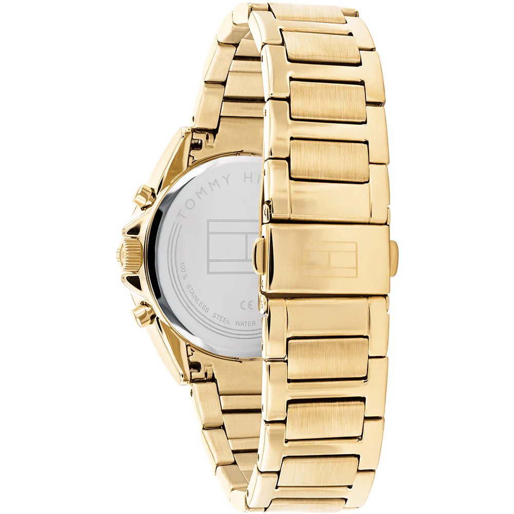 Tommy Hilfiger 1782385 back view – engraved gold-tone stainless steel caseback and bracelet – durable women’s timepiece by HEY WATCH.