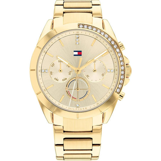 Tommy Hilfiger 1782385 front view – women’s gold-tone stainless steel watch with crystal-accented dial and multifunction subdials – Kennedy collection by HEY WATCH.