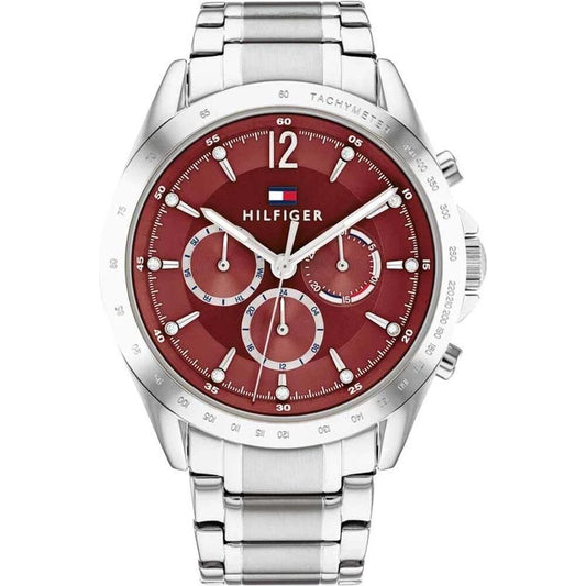 Tommy Hilfiger 1782559 front view – women’s silver stainless steel watch with red dial and multifunction subdials – Kenzie collection by HEY WATCH.