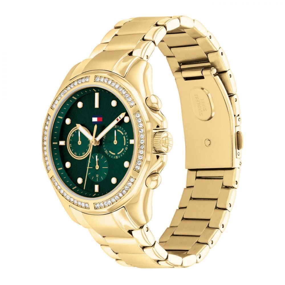 Tommy Hilfiger 1782614 angled view – green dial women’s watch with gold-tone case and bracelet – modern fashion accessory by HEY WATCH