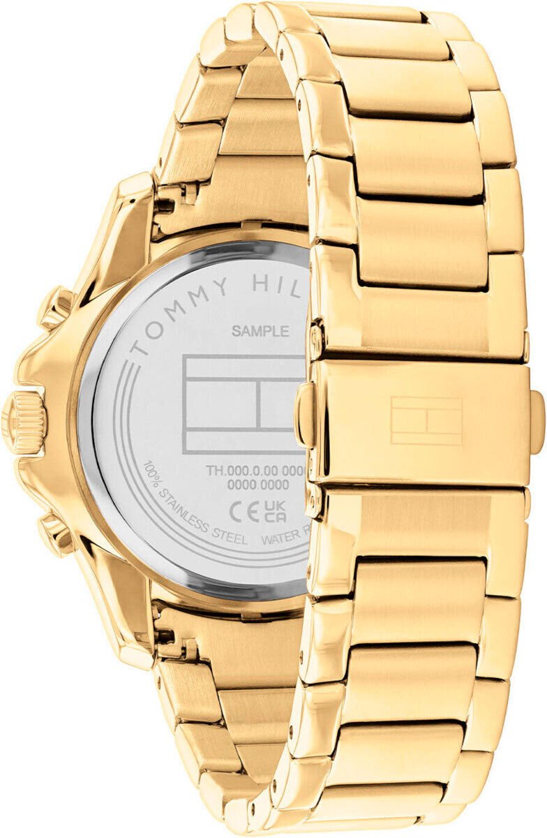 Tommy Hilfiger 1782614 back view – gold-tone bracelet with fold-over clasp and engraved stainless steel caseback – women’s quartz watch by HEY WATCH.