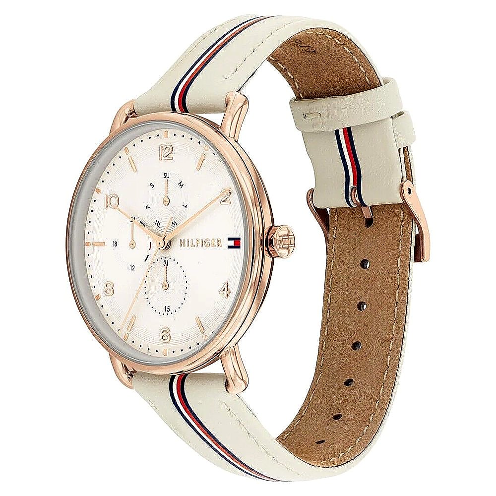 Tommy Hilfiger 1782659 angled view – elegant rose gold-tone case with beige leather strap and multifunction dial – women’s watch by HEY WATCH.