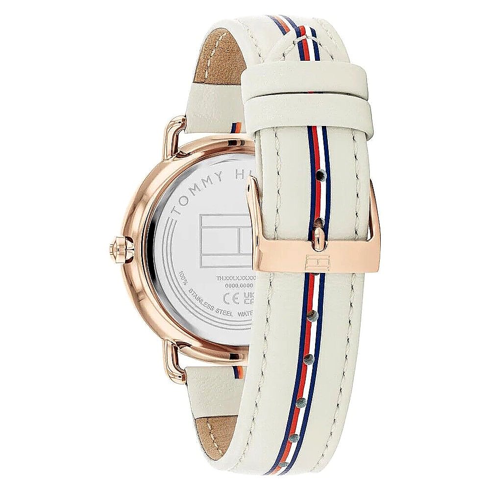 Tommy Hilfiger 1782659 back view – engraved rose gold-tone stainless steel caseback and beige leather strap – durable women’s timepiece by HEY WATCH.