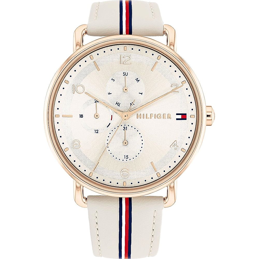 Tommy Hilfiger 1782659 front view – women’s rose gold-tone watch with beige dial and multifunction subdials – Lily collection by HEY WATCH.