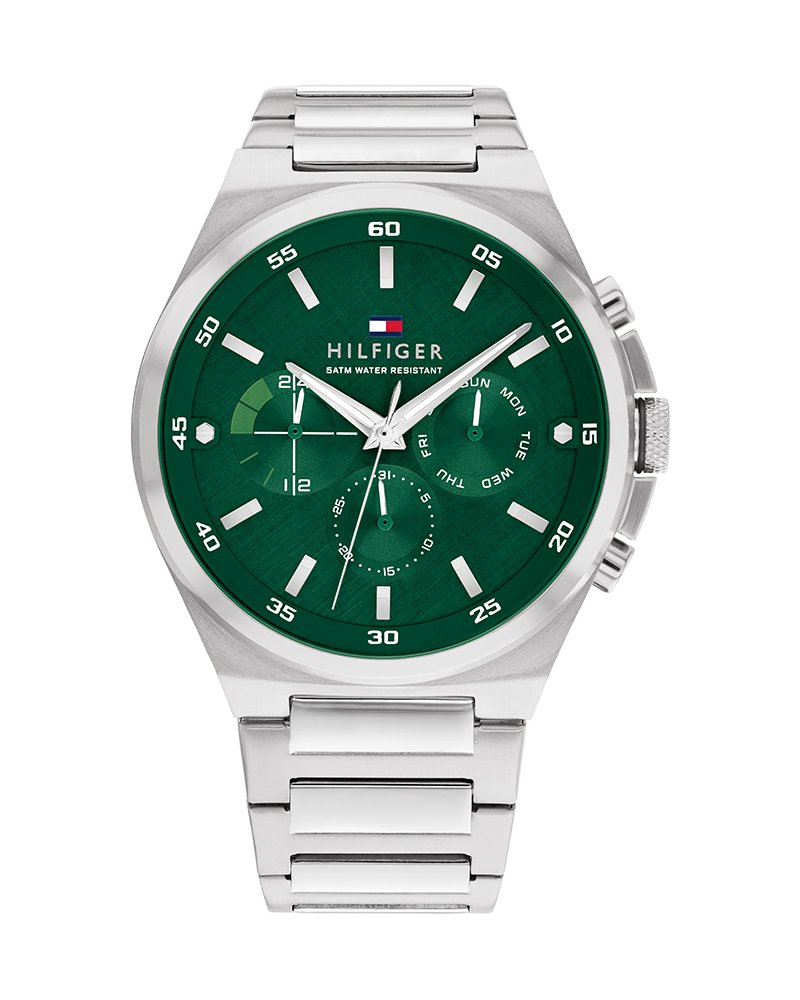Tommy Hilfiger 1792088 front view – men’s stainless steel watch with green dial and multifunction subdials – Dexter collection by HEY WATCH.