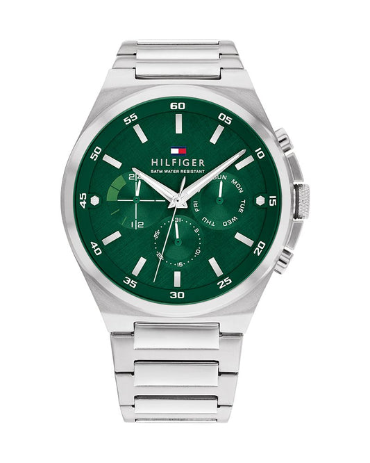 Tommy Hilfiger 1792088 front view – men’s stainless steel watch with green dial and multifunction subdials – Dexter collection by HEY WATCH.