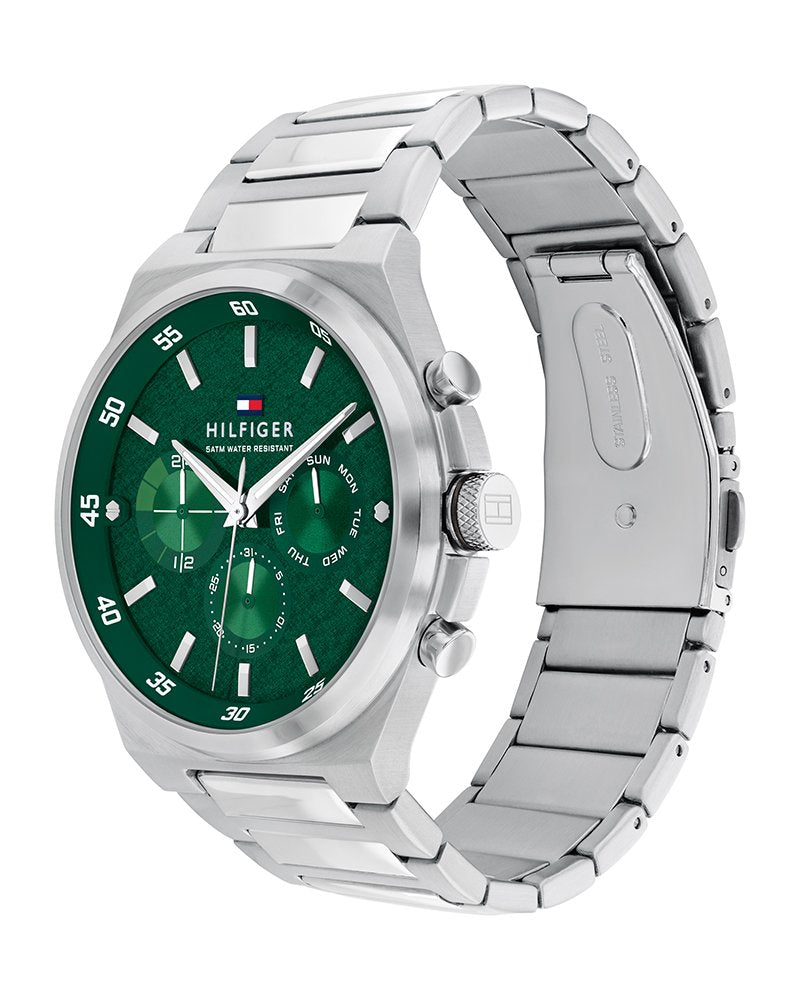 Tommy Hilfiger 1792088 side view – robust stainless steel case with green dial – stylish men’s watch by HEY WATCH.