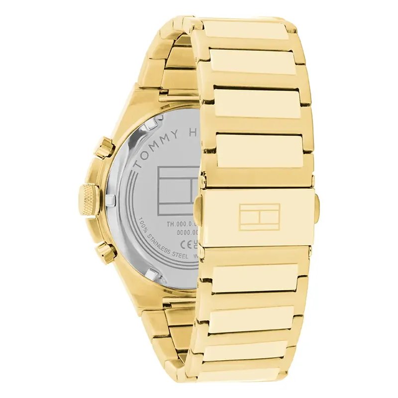 Tommy Hilfiger 1792090 back view – engraved gold-tone stainless steel caseback and deployment clasp – luxury men’s watch by HEY WATCH.