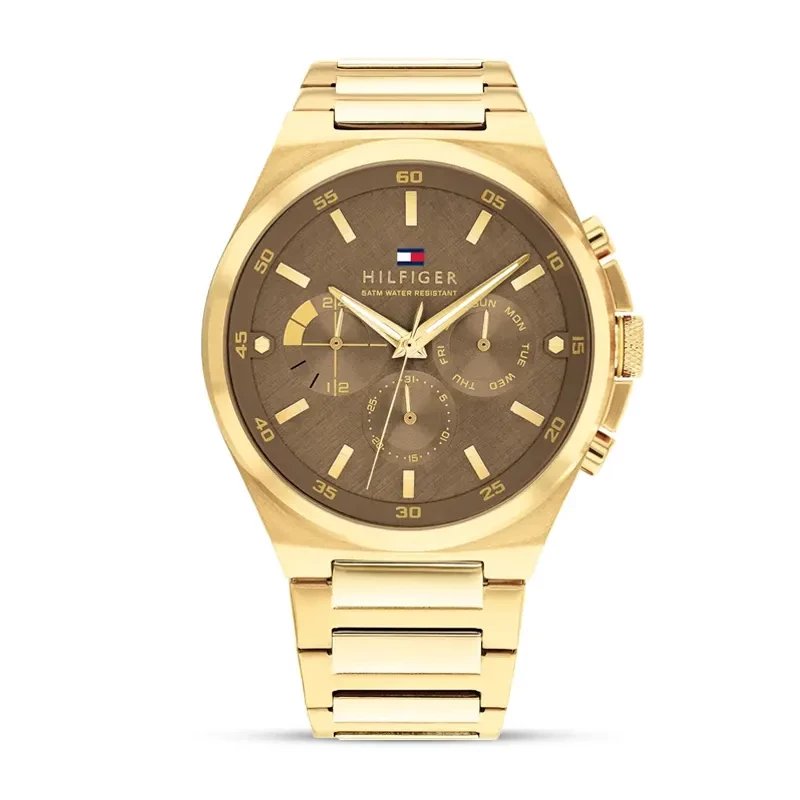 Tommy Hilfiger 1792090 front view – men’s gold-tone stainless steel watch with brown chronograph dial and bold styling – Dexter collection by HEY WATCH.
