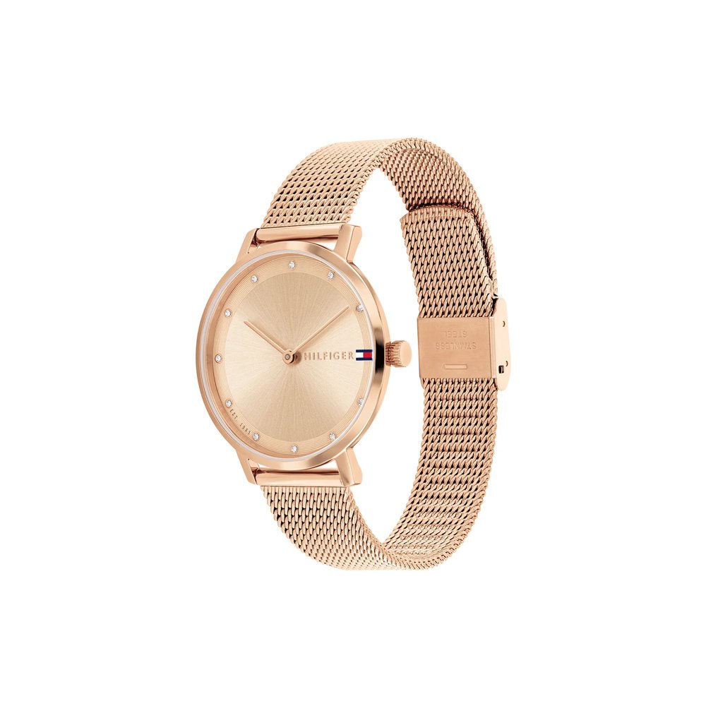 Tommy Hilfiger TH1782729 angled view – sleek rose gold-tone stainless steel watch with mesh bracelet – stylish accessory by HEY WATCH.