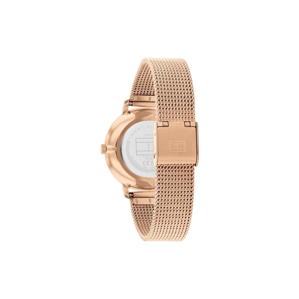 Tommy Hilfiger TH1782729 back view – rose gold mesh bracelet with sliding clasp and engraved caseback – refined women's watch by HEY WATCH.