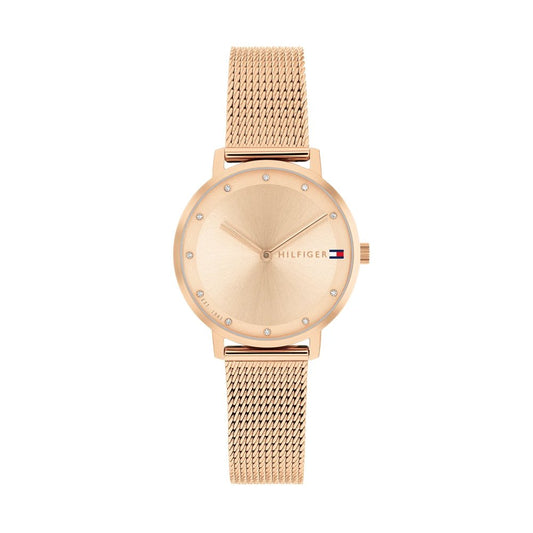 Tommy Hilfiger TH1782729 front view – women's rose gold mesh watch with minimalist dial – elegant timepiece by HEY WATCH.